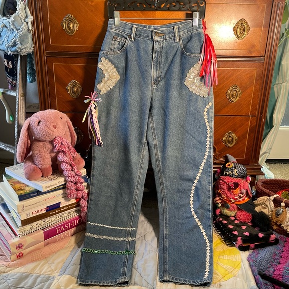 Hand Crafted Denim - ERIKA KELLY APPAREL IT’s My BDAY Party Time Upcycled Couture Art Jeans